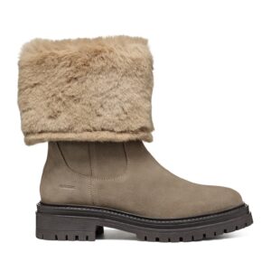Cizme mid-calf de piele cu garnituri de blana sintetica - Maro taupe