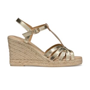 Sandale din piele cu talpa wedge si catarama - Auriu