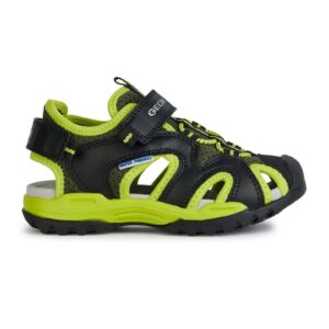 Sandale de piele ecologica si material textil cu banda velcro Borealis - Negru/Verde lime