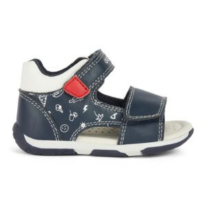 Sandale din piele ecologica cu inchidere velcro - Rosu/Bleumarin