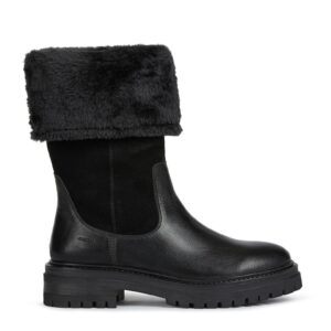 Cizme mid-calf de piele si piele intoarsa cu garnitura de blana sintetica - Negru