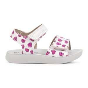 Sandale din piele ecologica cu velcro si model cu inimi - Alb/Fucsia