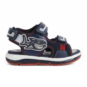 Sandale de piele ecologica si material textil cu velcro - Rosu/Alb/Bleumarin