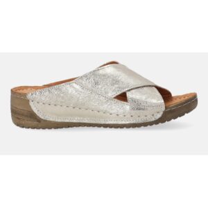 Papuci din piele cu aspect metalizat si talpa wedge