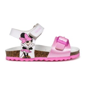 Sandale cu velcro si model Minnie Mouse - Alb/Roz