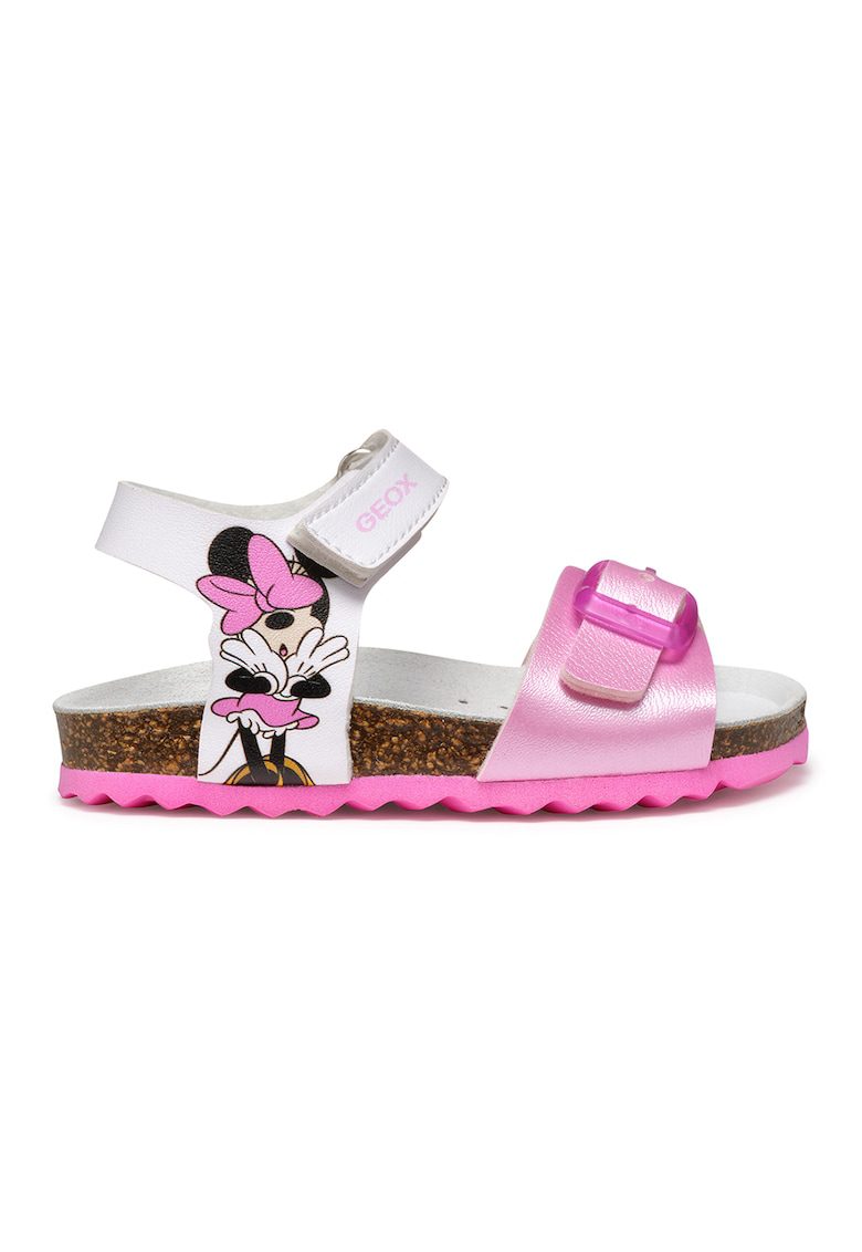 Sandale cu velcro si model Minnie Mouse - Alb/Roz