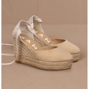 Sandale wedge de piele cu bareta infasurabila - Bej deschis