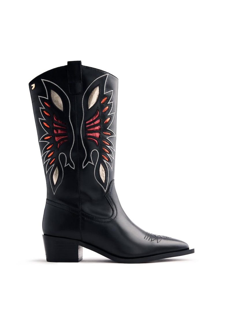 Cizme cowboy de piele cu detalii contrastante - Negru