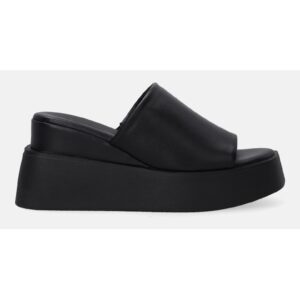 Papuci din piele cu varf rotund si talpa wedge