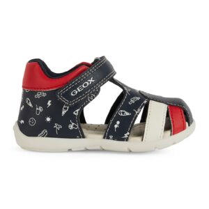 Sandale din piele ecologica cu inchidere velcro - Rosu/Bleumarin