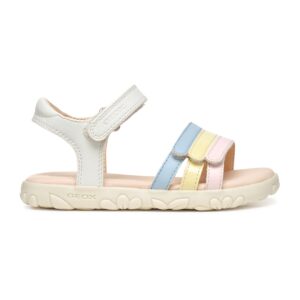 Sandale de piele ecologica cu velcro - Alb/Galben/Roz