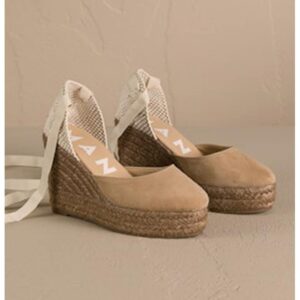 Sandale wedge de piele cu bareta infasurabila - Alb fildes/Maro taupe deschis