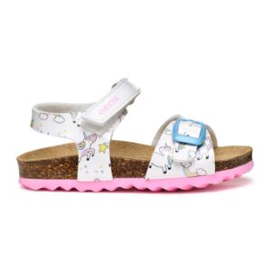 Sandale cu velcro si unicorn - Alb