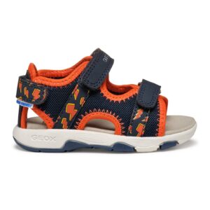 Sandale din material textil si piele ecologica - Portocaliu/Bleumarin