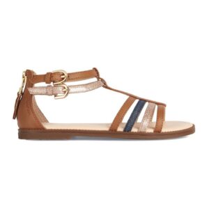 Sandale de piele ecologica cu garnituri textile si barete multiple Karly - Auriu/Maro scortisoara/Bleumarin