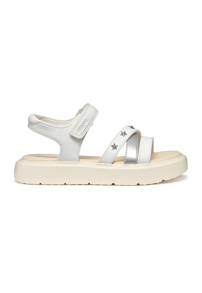 Sandale de piele ecologica cu velcro - Alb/Argintiu