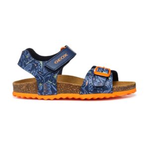 Sandale din piele ecologica cu inchidere velcro - Portocaliu/Bleumarin