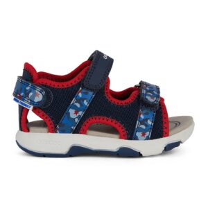 Sandale din material textil si piele ecologica - Rosu/Bleumarin