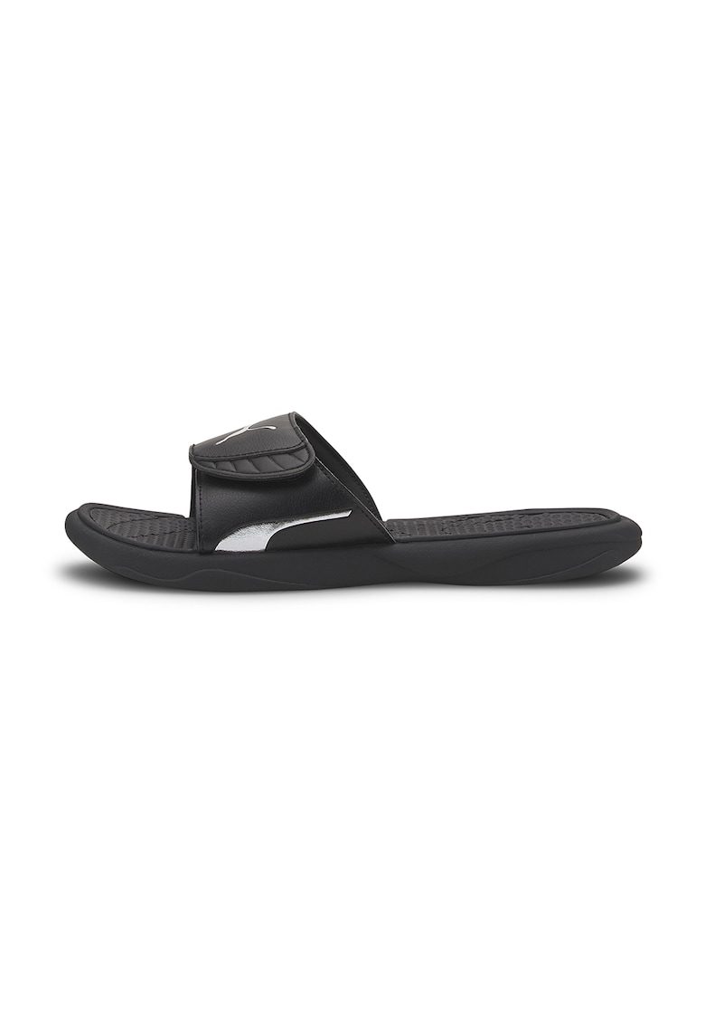 Papuci de piele ecologica cu velcro Royalcat Comfort - Negru/Argintiu
