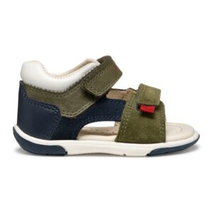 Sandale cu velcro si garnituri de piele intoarsa - Verde inchis/Bleumarin