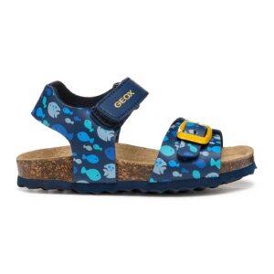 Sandale de piele ecologica cu velcro si model - Galben/Bleumarin