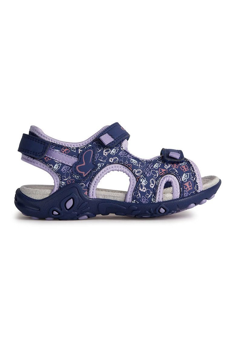 Sandale cu velcro si imprimeu cu inimi si grafic - Lila/Bleumarin