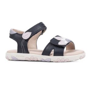 Sandale cu velcro si aplicatie florala - Roz pal/Bleumarin