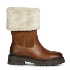 Cizme mid-calf de piele si piele intoarsa cu garnitura de blana sintetica - Alb/Maro cognac