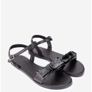 Sandale dama negre din piele cu funda