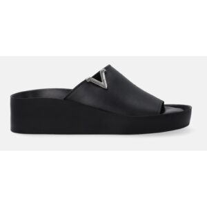 Papuci din piele cu talpa wedge si detaliu cu logo
