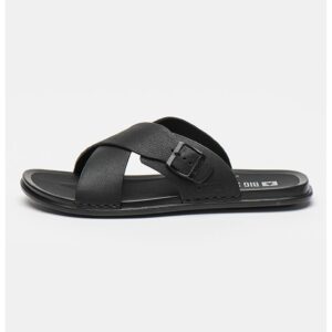 Papuci de piele cu bretele incrucisate - Negru