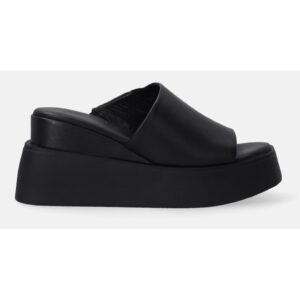 Papuci cu talpa wedge din piele captusiti cu piele