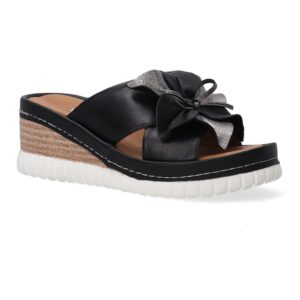 Papuci wedge din piele - cu aplicatie florala