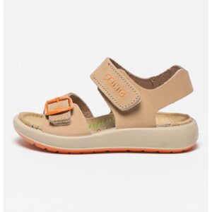 Sandale de piele cu velcro si logo - Portocaliu mandarina/Grej