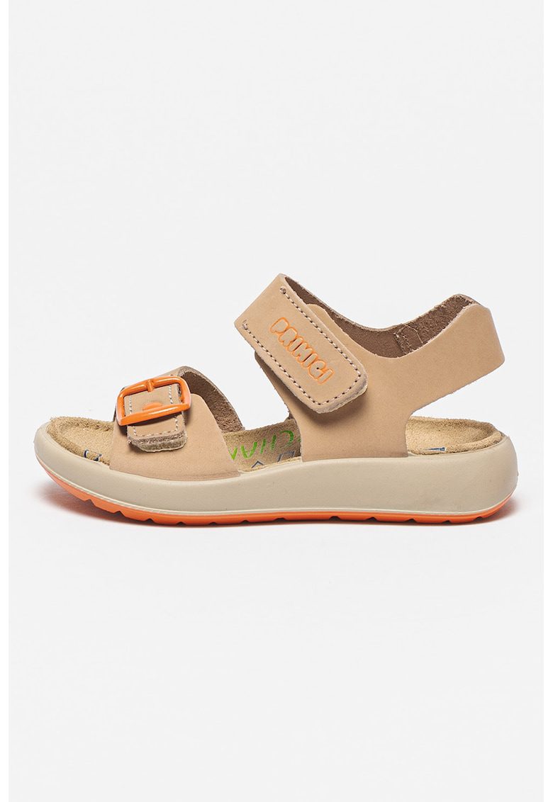 Sandale de piele cu velcro si logo - Portocaliu mandarina/Grej