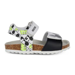 Sandale cu inchidere velcro si model Mickey Mouse - Alb/Negru/Verde neon