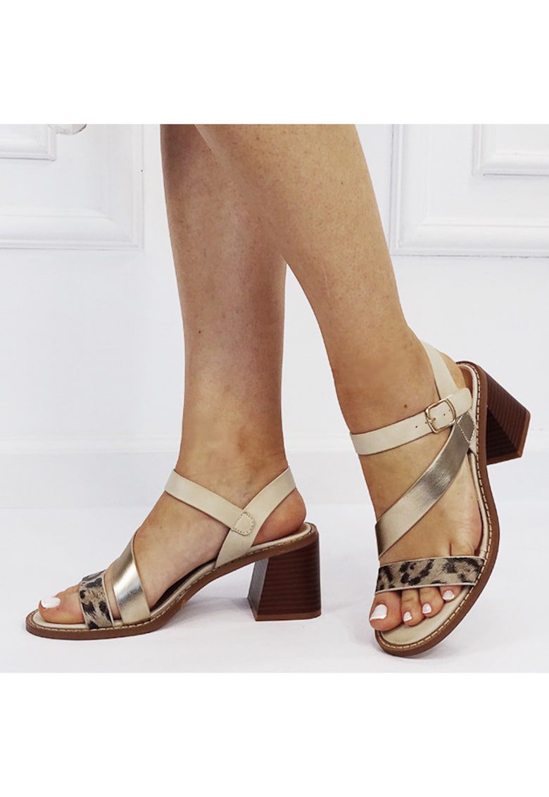 Sandale elegante bej cu toc masiv BSZ9382 M12 17414 - Bej