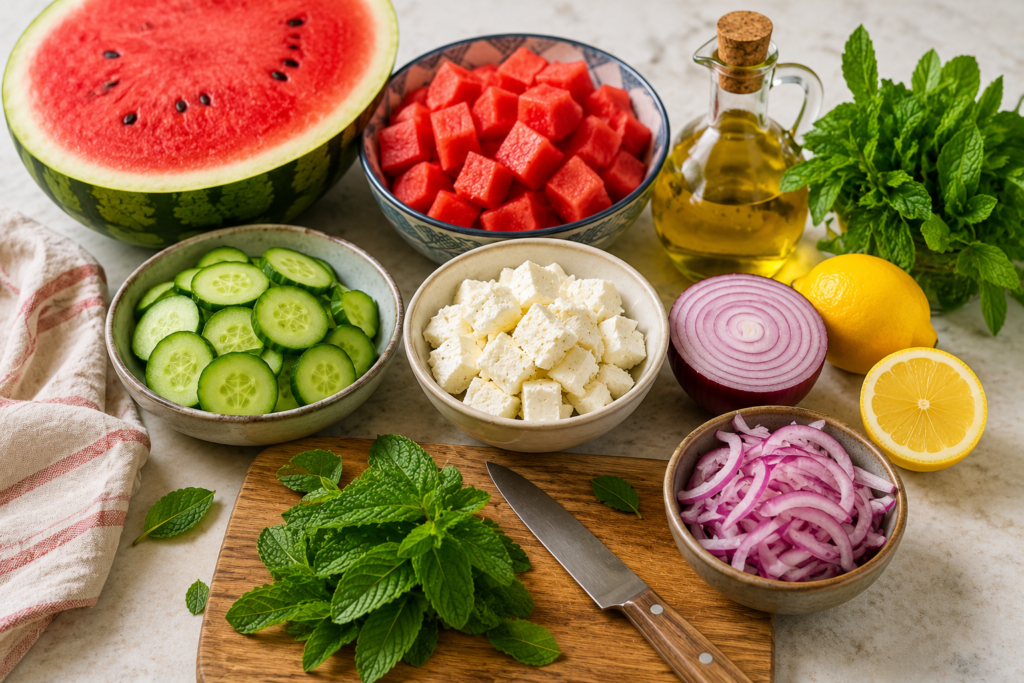 Ingrediente proaspete pentru salată de vară cu pepene rosu