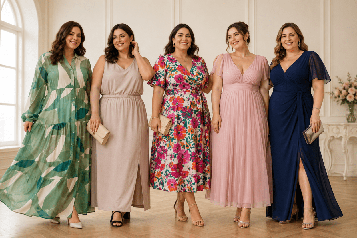 Portret elegant de grup feminin, cu forme plinute, imbracate in rochii potrivite siluetelor