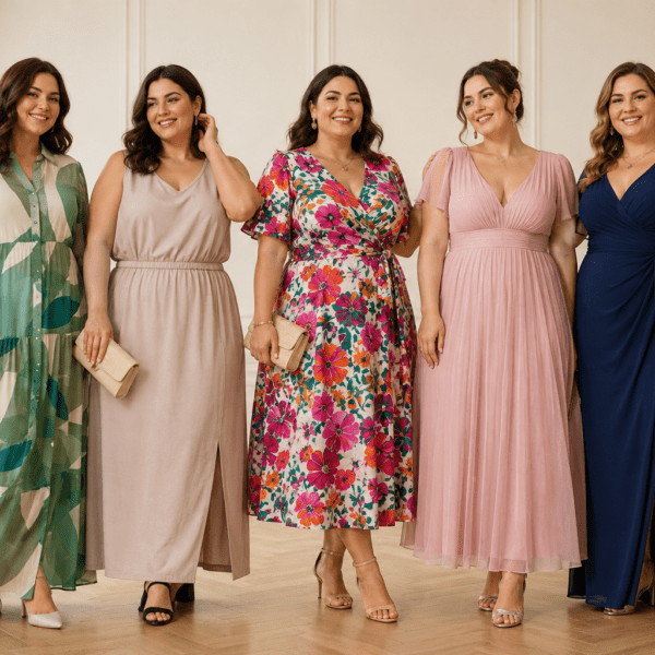 Portret elegant de grup feminin, cu forme plinute, imbracate in rochii potrivite siluetelor