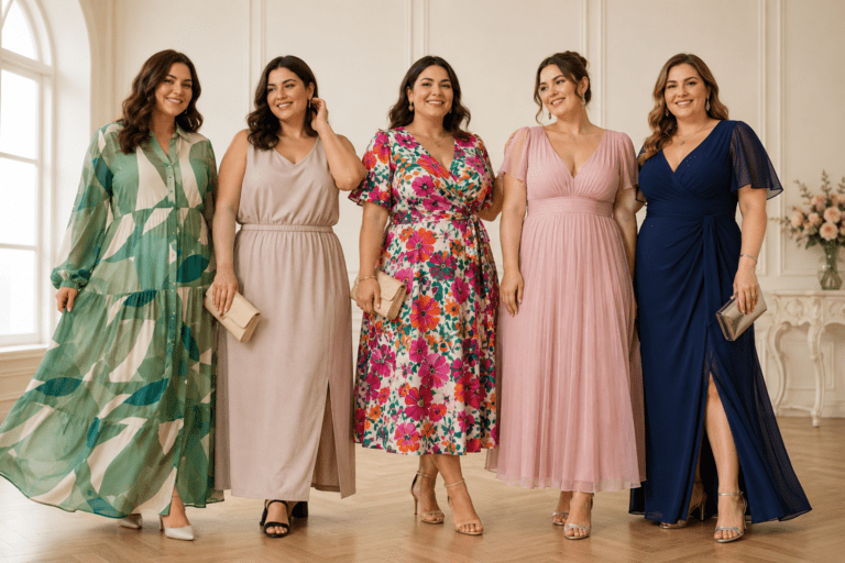 Portret elegant de grup feminin, cu forme plinute, imbracate in rochii potrivite siluetelor