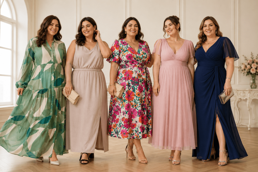 Portret elegant de grup feminin, cu forme plinute, imbracate in rochii potrivite siluetelor