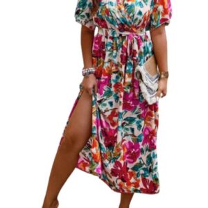 Rochie dama lunga fluida, eleganta, casual, cu maneca scurta si cordon in talie, pentru femei plinute