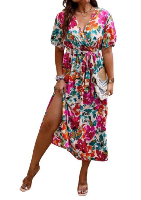 Rochie dama lunga fluida, eleganta, casual, cu maneca scurta si cordon in talie, pentru femei plinute
