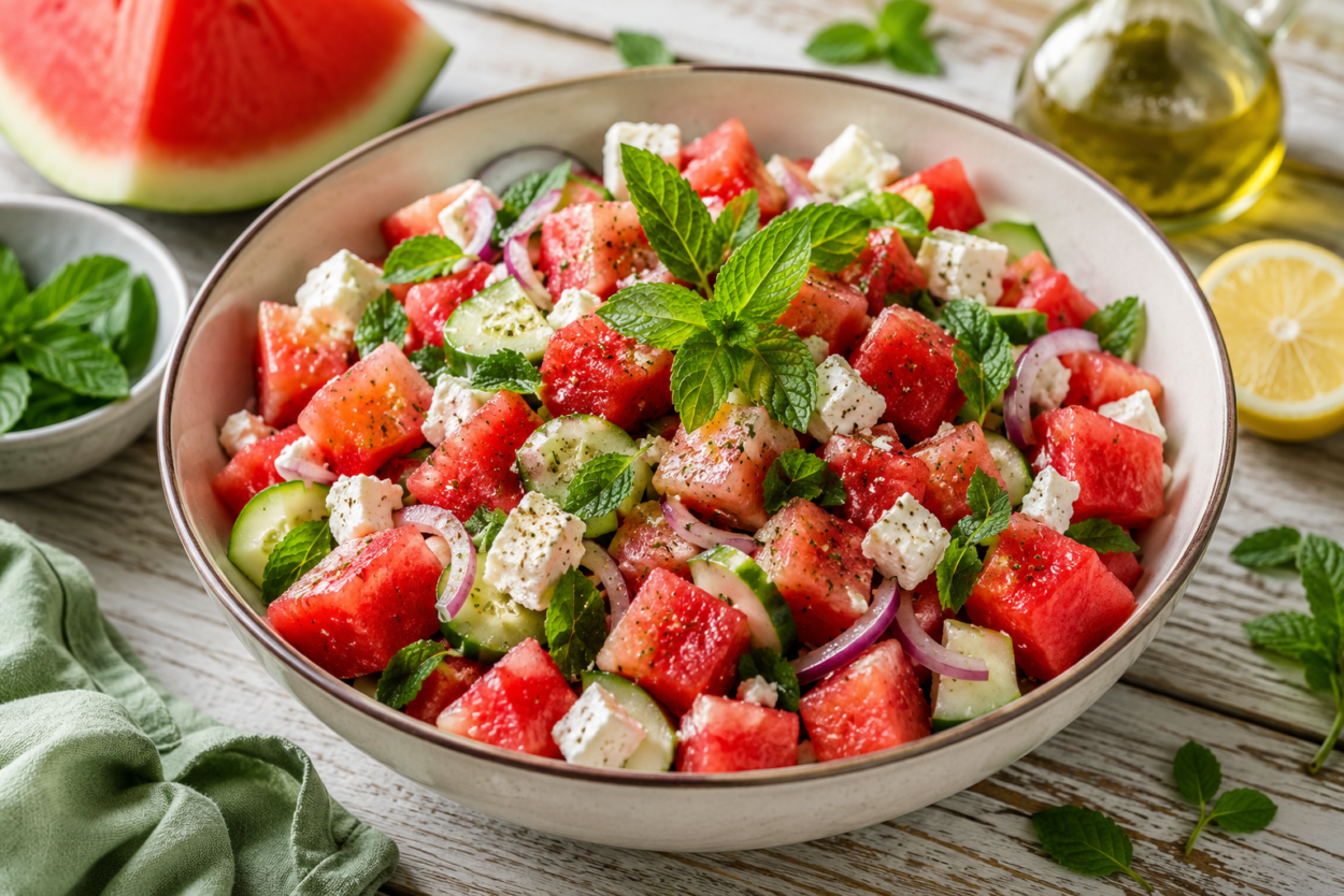 Castron cu Salată proaspătă cu pepene și brânză