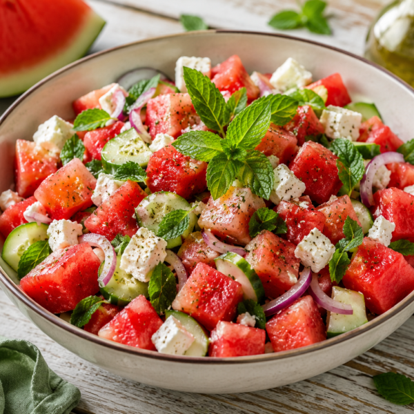 Castron cu Salată proaspătă cu pepene și brânză