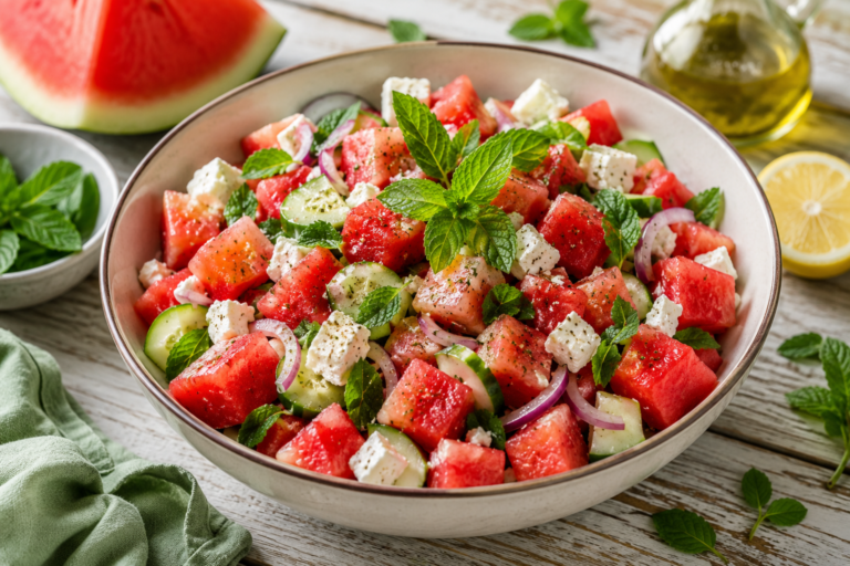 Castron cu Salată proaspătă cu pepene și brânză