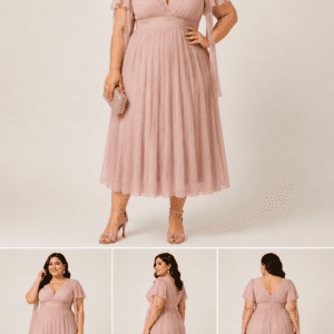 rochie roz pastel pentru femei plinuite, cu talie inalta