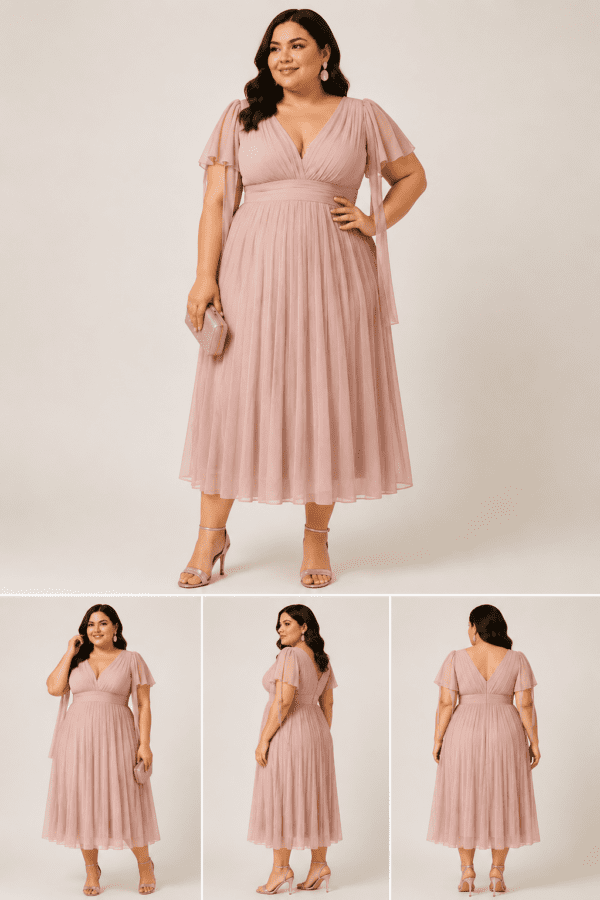rochie roz pastel pentru femei plinuite, cu talie inalta