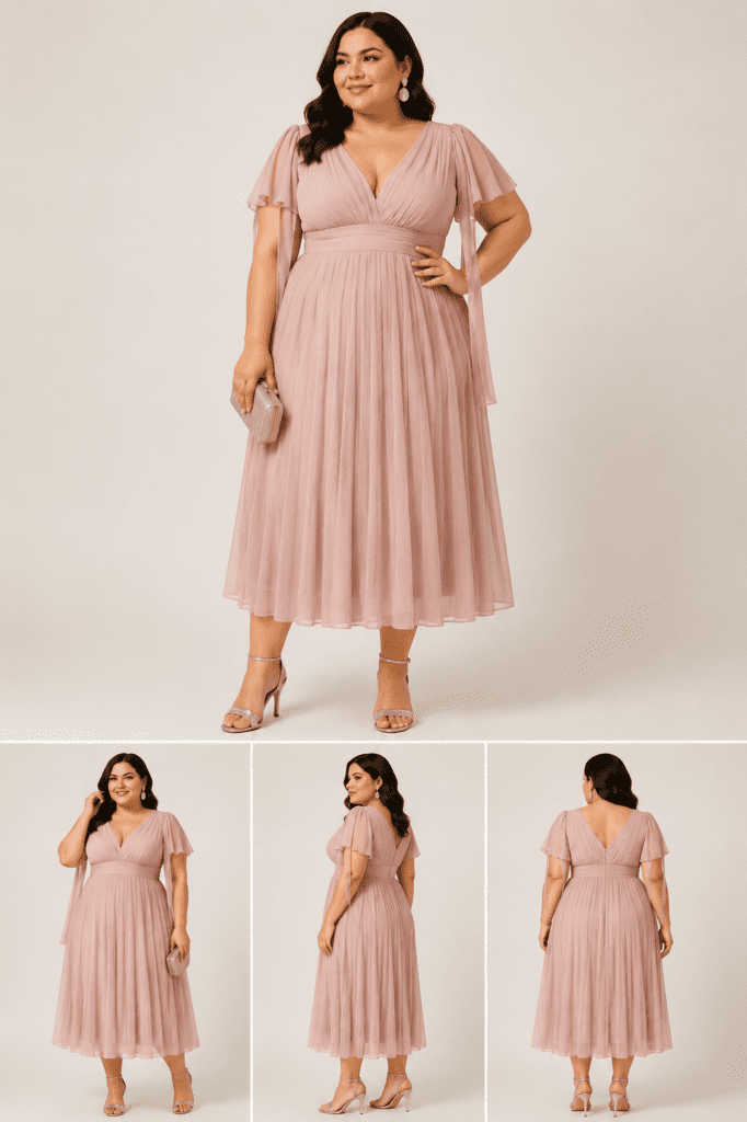 rochie roz pastel pentru femei plinuite, cu talie inalta